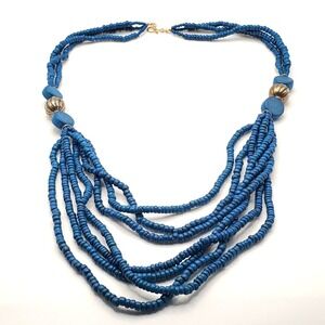 Multi Strand Wooden Necklace Beaded‎ Blue Spacers Bib Style Boho Womens